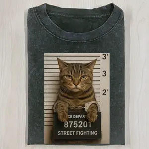 Street Fighting Cat Mugshot Shirt, Funny Meme Gift for Cat Lovers, Vintage 90s Style Cat Tee, Unisex Fit Design