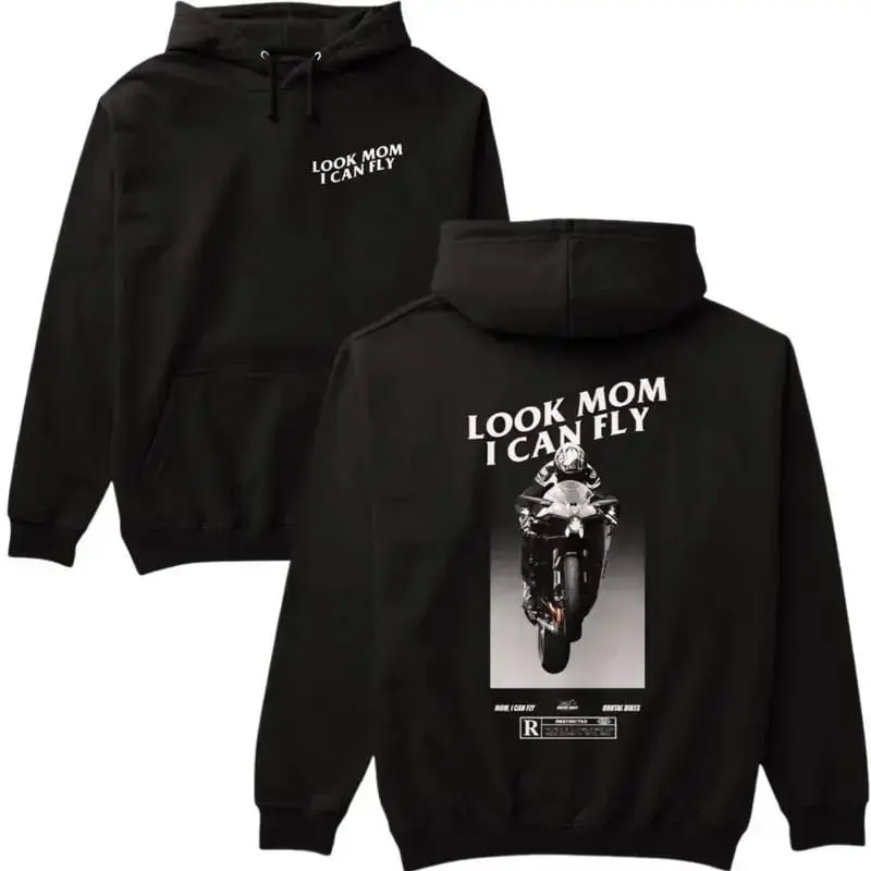 Look Mom I Can Fly Cotton T-Shirts, Sweatshirt and Hoodie – Motorcycle Wheelie Action Graphic Tee With Bold Caption, Perfect Streetwear For Adrenaline Junkies And Men And Women