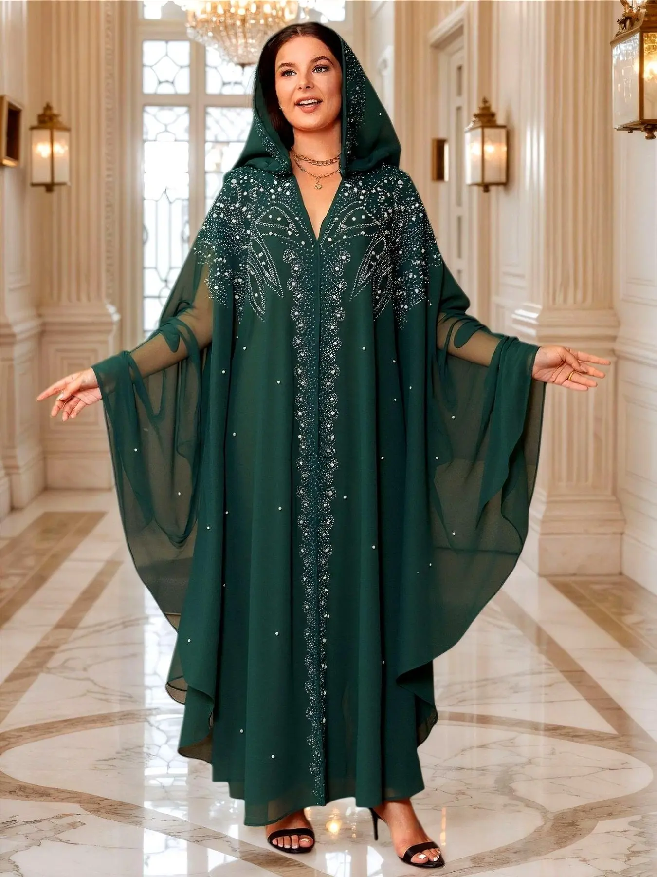 Elegant Muslim Crystal Embroidered Spring Robe, Loose Fit Blouse with Flared Sleeves, Trendy Shawl for Middle East Africa Southeast Asia Islamic Clothes, Modest Muslim Outfits, Islamic Muslim Clothing