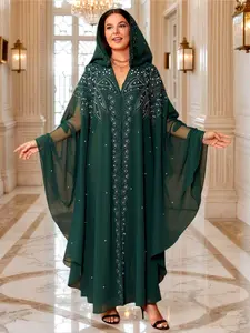 Elegant Muslim Crystal Embroidered Spring Robe, Loose Fit Blouse with Flared Sleeves, Trendy Shawl for Middle East Africa Southeast Asia Islamic Clothes