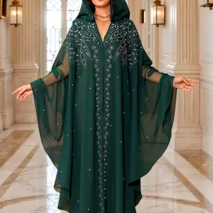 Elegant Muslim Crystal Embroidered Spring Robe, Loose Fit Blouse with Flared Sleeves, Trendy Shawl for Middle East Africa Southeast Asia Islamic Clothes, Modest Muslim Outfits, Islamic Muslim Clothing