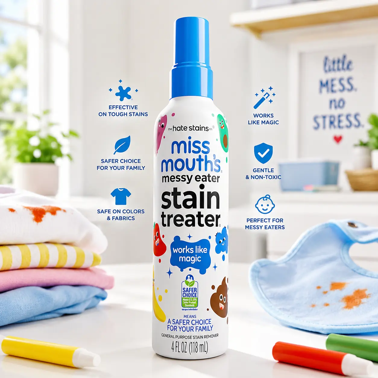 Miss Mouth's Messy Eater Stain Treater Spray, Laundry Stain Remover, 4 Oz | Newborn & Baby Essentials; Cleans Off Food, Grease, Coffee; Use on Laundry, Underwear, Fabric