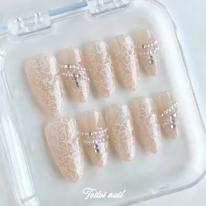 White Lace Pearl Handmade Press-On Nails, Glossy Acrylic Nails | Medium Almond Shape, 10pcs | Soft Feminine Style | Nude Base & White Lace Texture | Glossy Finish | Reusable DIY Nail Kit for Spring & Weddings, Pressed On Nails