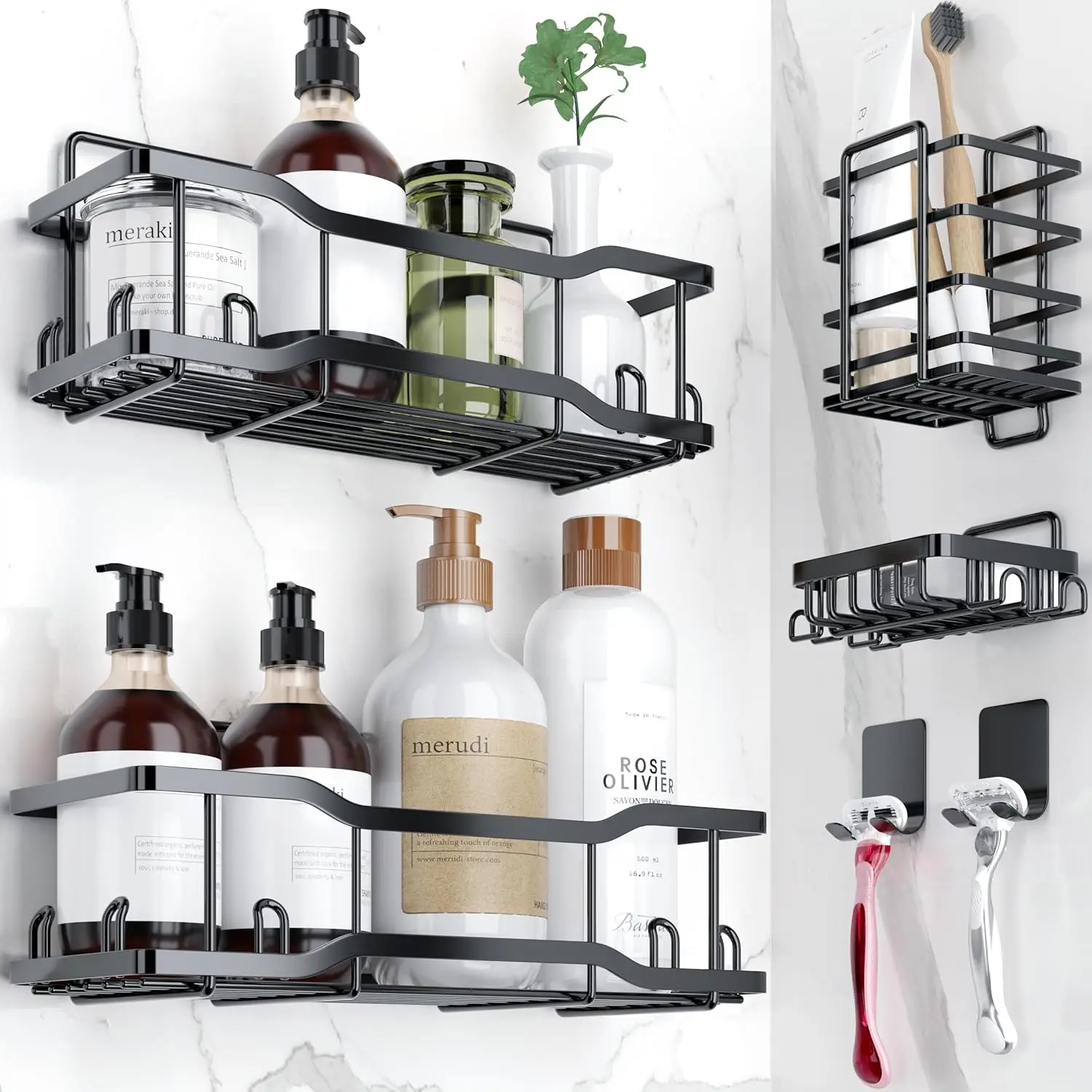 Athena Silken Black 4-Set Bathroom Shelves - 304 Stainless Steel Shower Organizer with Adhesive Tape, No Drill, Rustproof, 40LB Capacity, Durable Modern Coated Design, Soap Holder, Bathroom Accessories for Home Use