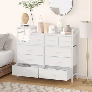 Garvee 9 Drawer Dresser with Charging Station, Chest of Drawers, Metal Frame Fabric Dresser TV Stand Storage Organizer for Bedroom, Closet, Living Room, Apartment Space-Saving