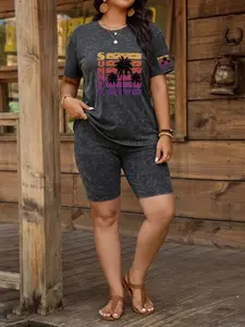 Plus Size Women's 2-Piece Set, Matching Sets, Ink Wash Print, Vintage Distressed Short Sleeve & Shorts, Versatile Casual Home & Outdoor Summer Outfit
