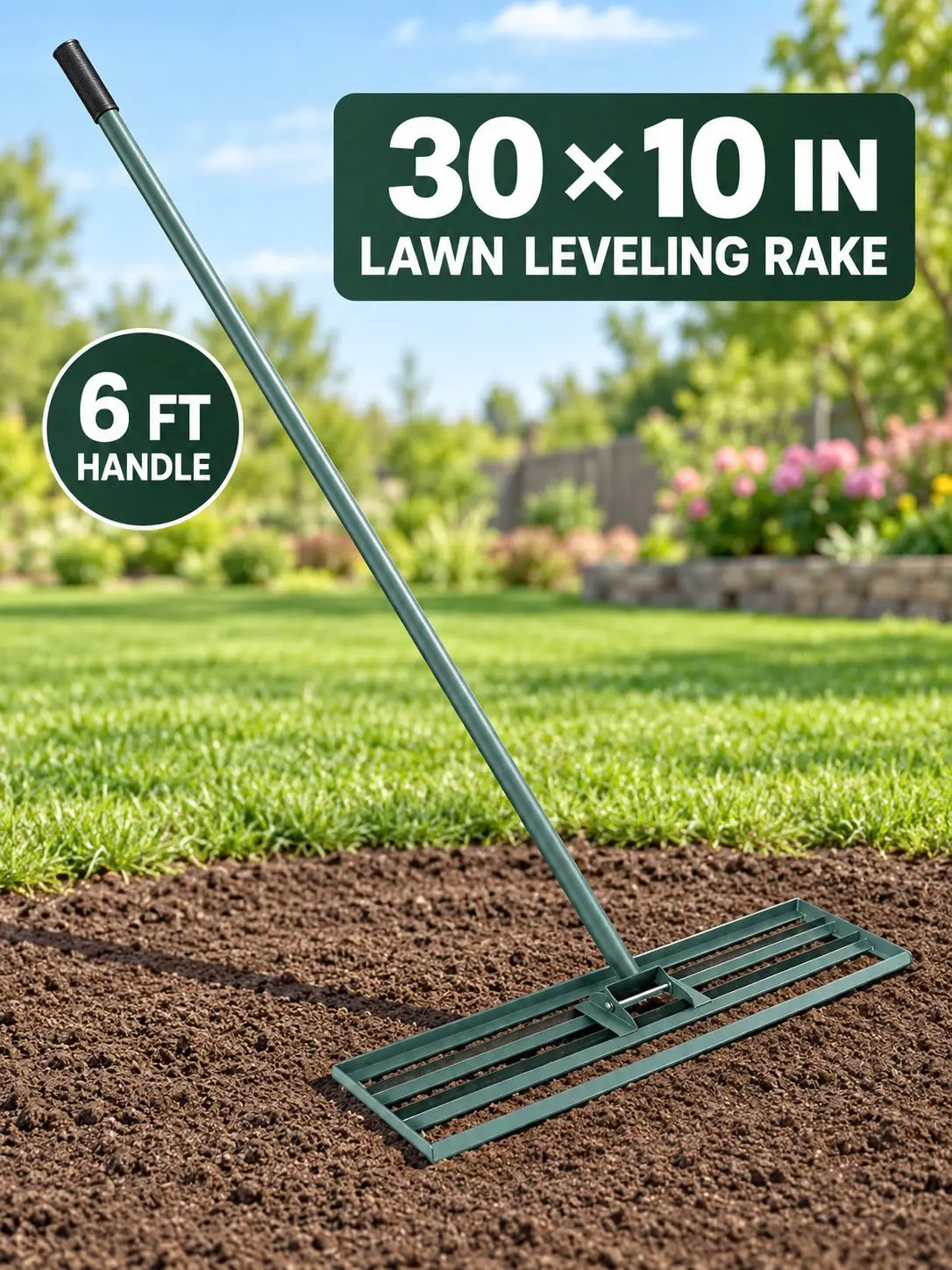 [DEAL FLASH SALE] Garvee 30" x 10" Lawn Leveling Rake, Stainless Steel Lawn Leveler with 6 FT Handle for Yard, Garden, Farm