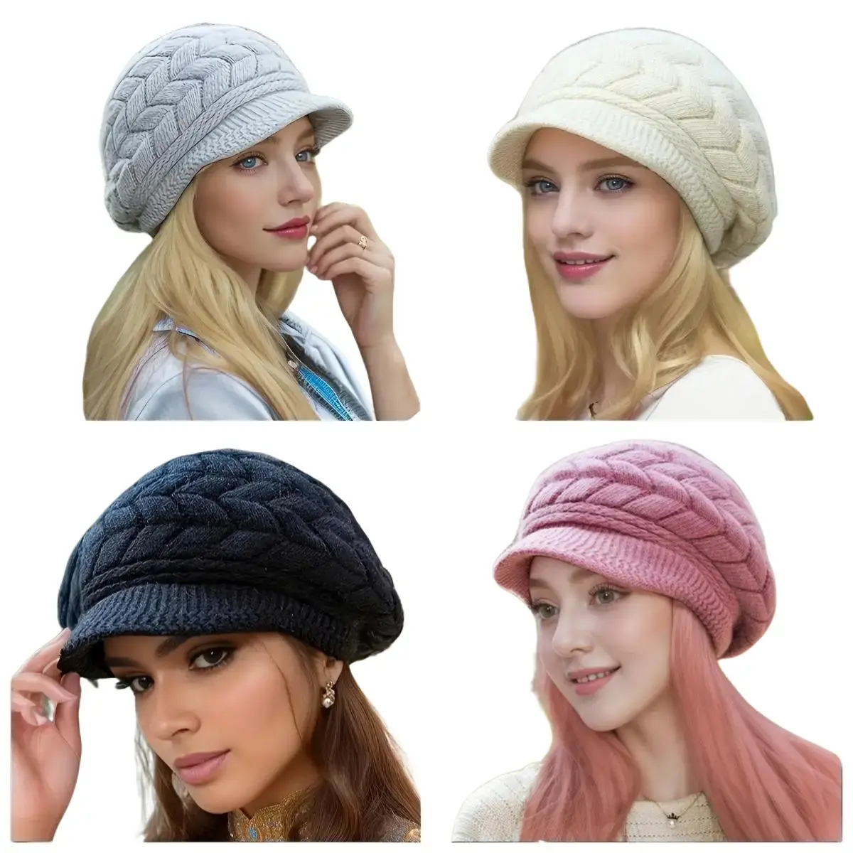 Women's Winter Knitted Hat Cap Slouchy Beanie with Brim Soft Warm Thickened Acrylic Yarn Oversized Ribbed Cuff for Cold Weather Universal Fit One-size-fits-all Design Gray Cream Navy Blue Pink