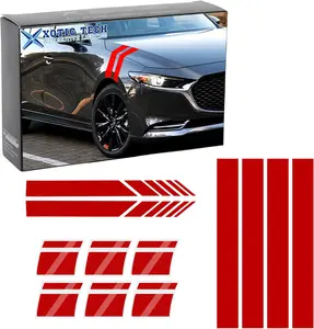 Auto Universal Racing Style Pcs Front Hood Fender Double Hash Stripe Stickers + Pcs Reflective Tire Rim Safety Warning Stickers+ Pcs Rearview Mirror Slash Mark Decals Set (Red)
