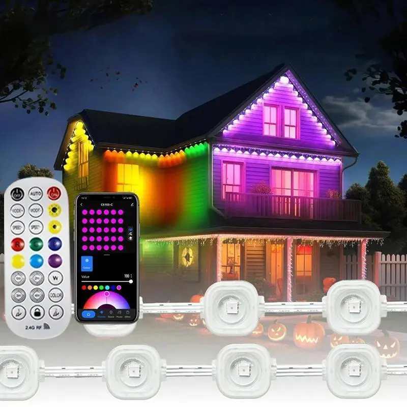 RGBICW LED Strip Lights, Alexa-Controlled Permanent Outdoor Set (200FT) with 75 Scene Modes, 150FT 90-LED Eaves Add-On for Garden Decor