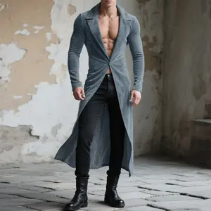 INCERUN Men's Autumn Winter Slim Fit Suede Lapel Long Overcoat Fashion Party Nightclub Stage Performance Trendy Sexy Open Chest Trench Coat