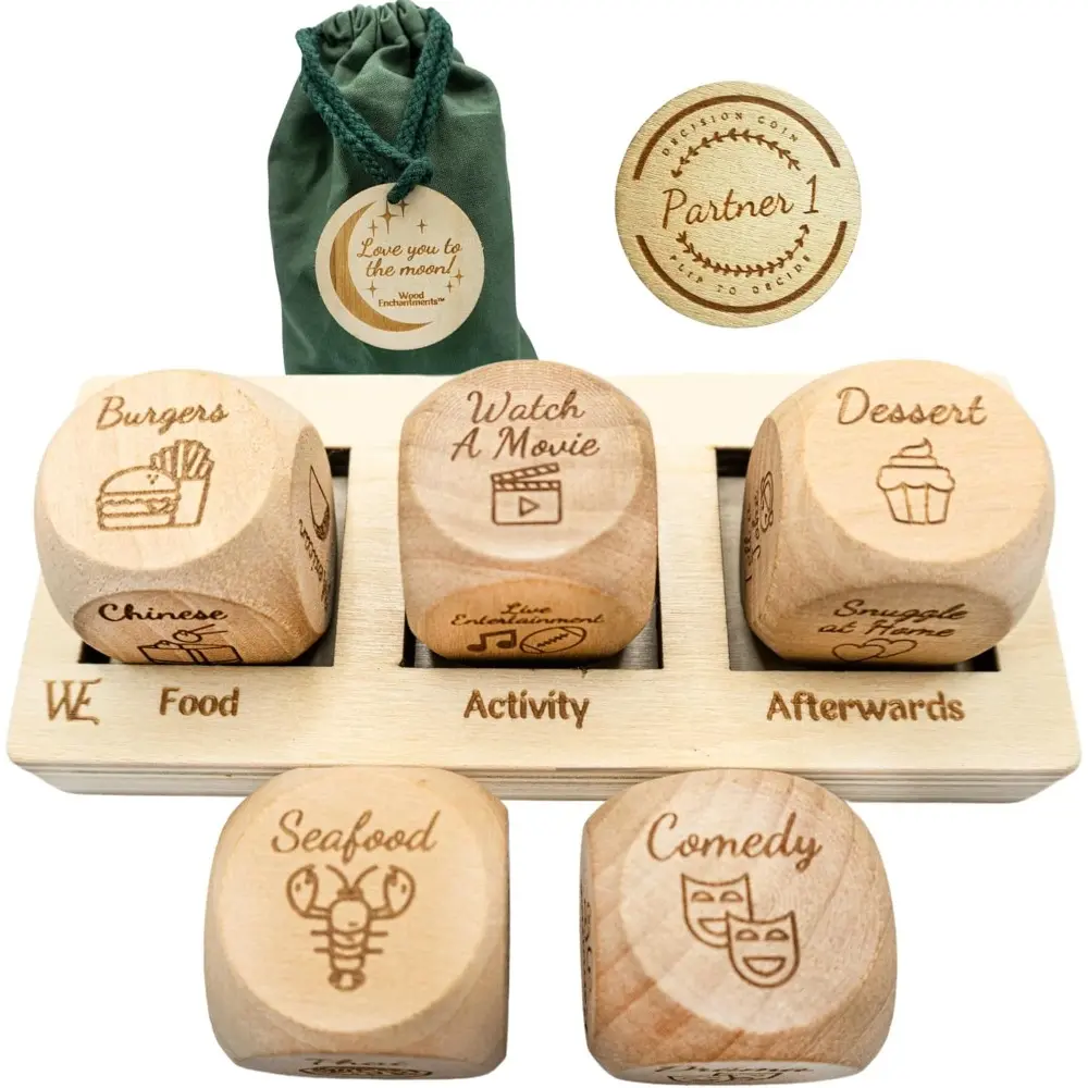 Deluxe Party Table Game Board Set - Home & Festive Party Supplies, Adult Romantic Love Set, Bachelorette Anniversary Gift, Boyfriend Bonus Decision Maker Coin, 5 Wood Dice, Carry Bag, 7776 Combinations