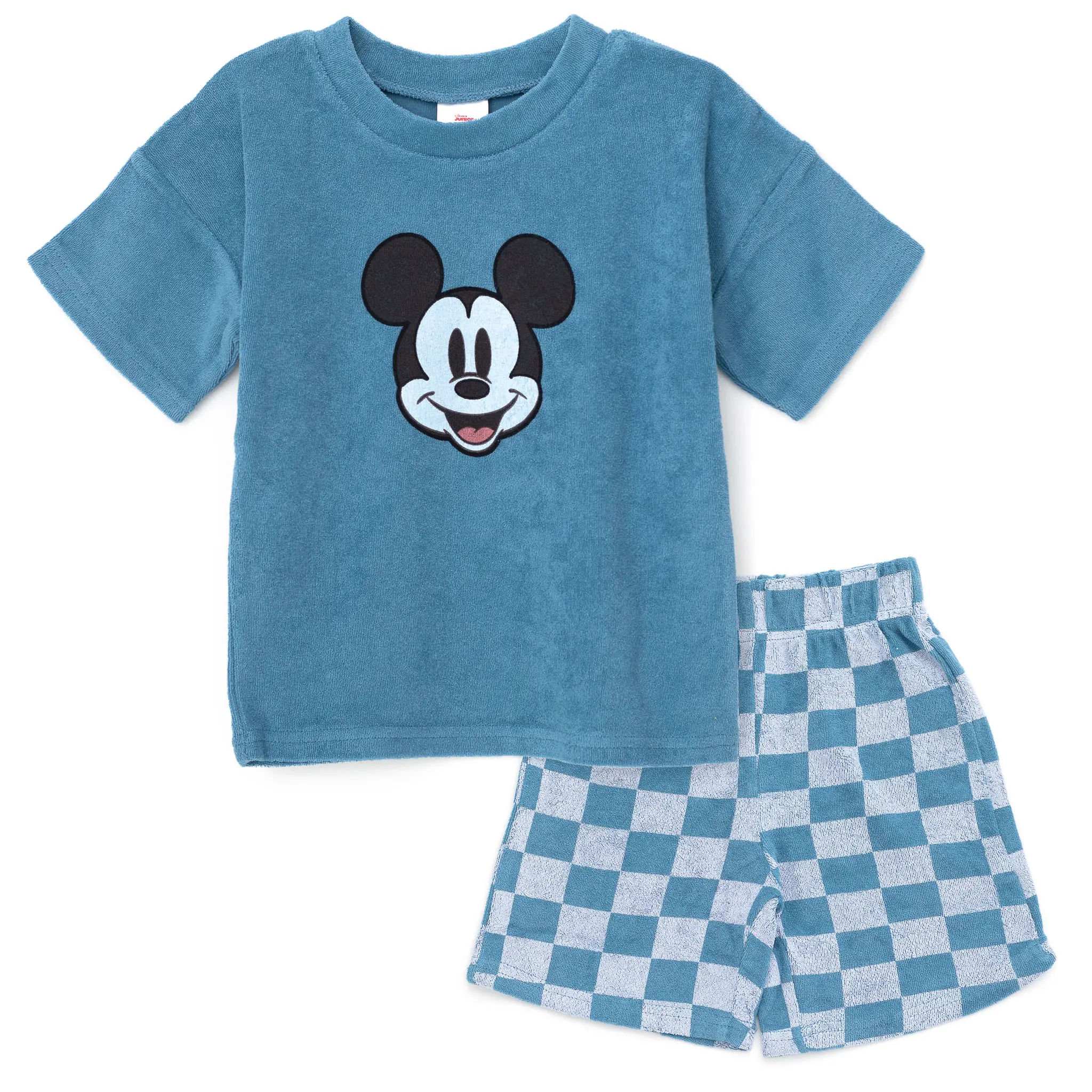 Disney Mickey Mouse Boys' 2-Piece Terry Outfits Set - Drop Shoulder T-Shirt, Checkerboard Shorts, Casual Wear Set Outfit for Toddler to Big Kid