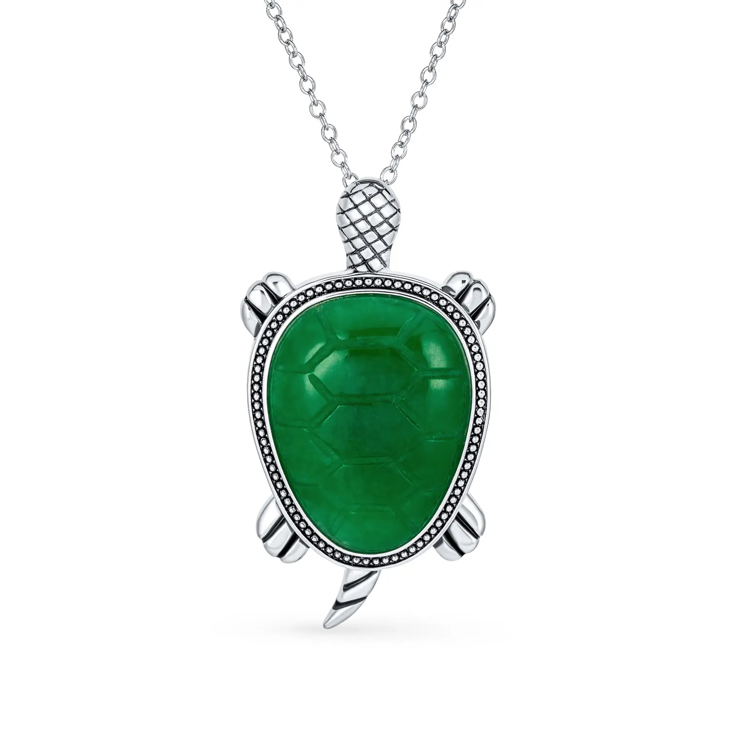 Nautical Big Jade Green Turtle Pendant Statement Necklace Sterling Silver