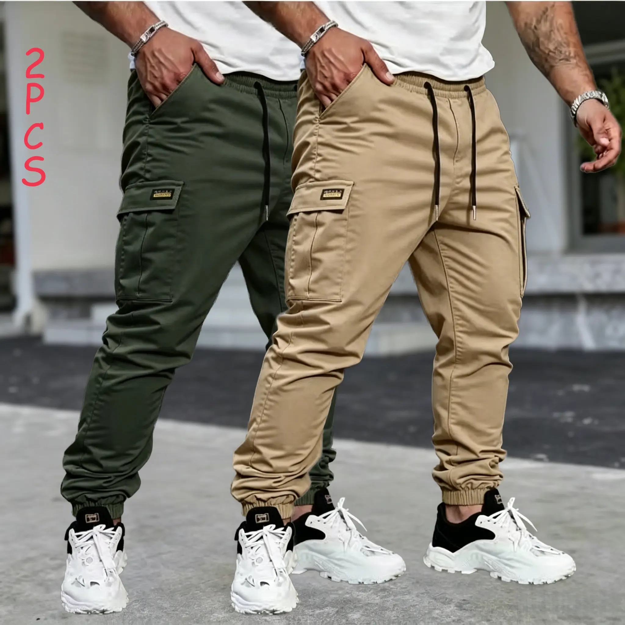 Pack of 2 men’s loose straight work pants/casual cargo pants—breathable, comfortable long pants with multiple pockets, suitable for hiking, fishing, outdoor leisure, and everyday casual wear.