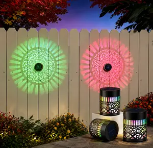 Seven-Color Changing Solar Mandala Projection Wall Light Decorative Solar Mandala Lights Outdoor Waterproof Metal Fence Lights for Yard Garden Post Patio Backyard Decor (2pcs)