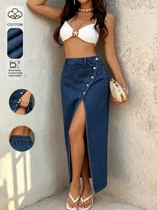 SummerVibes,Women's High-Waisted Denim Skirt, Elastic Waist, Button Front, Split Design, Elegant and Versatile, Perfect for Spring and Summer