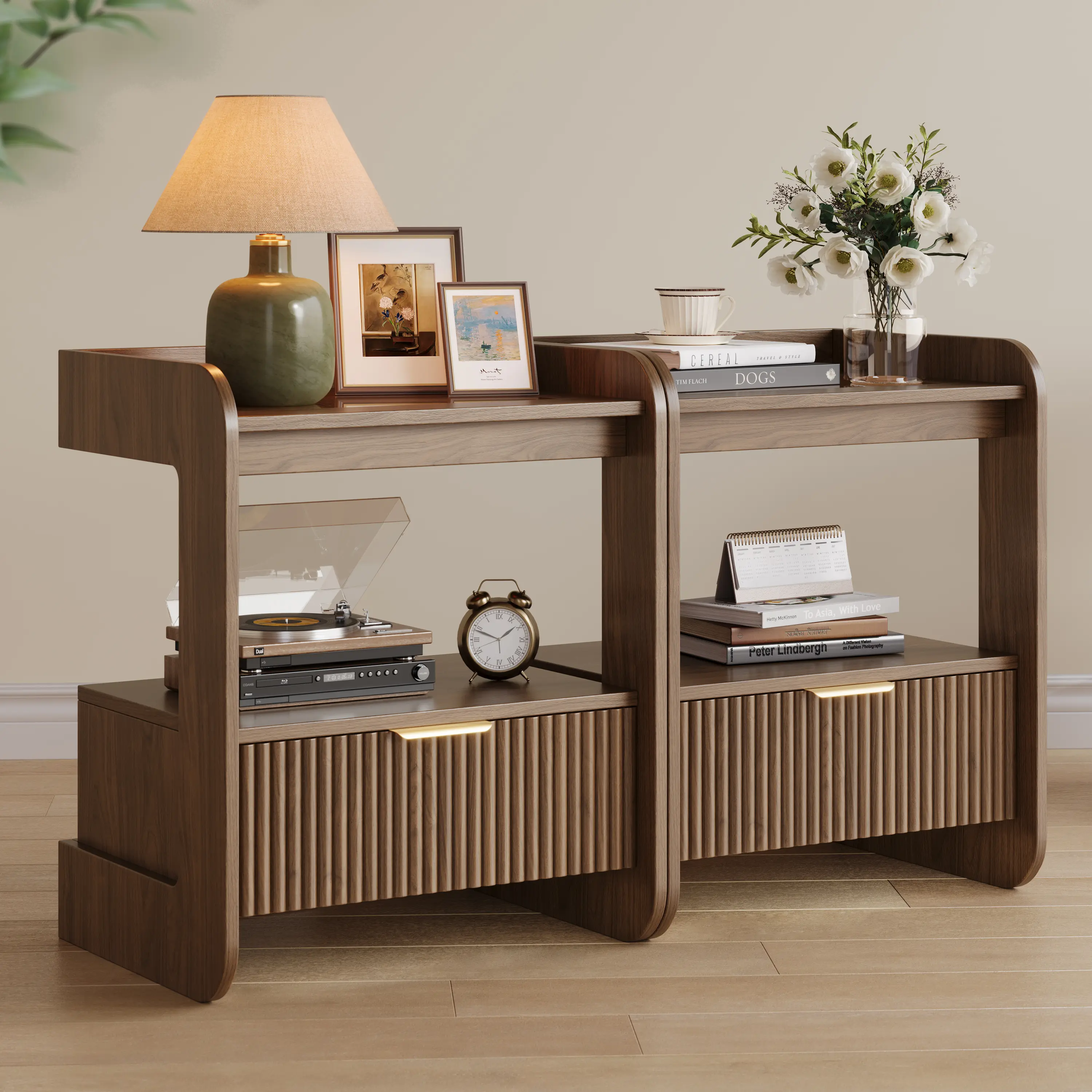 TOKSOM 2-Piece Bedroom Nightstands Set, Modern Wooden Nightstand with Fluted Accents, Mid-Century Indoor Bedside Table with Drawer & Open Shelf for Apartment Decor (White/Walnut/Black)