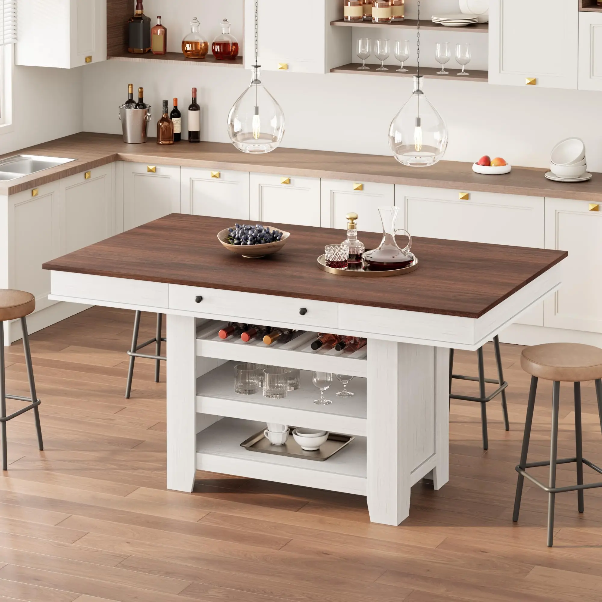 60″ Counter Height Deepened Wine Rack & Shelves Dining Table for 4‑6 – Farmhouse Rectangular Bar Height Kitchen Table w/ Thick Table Top