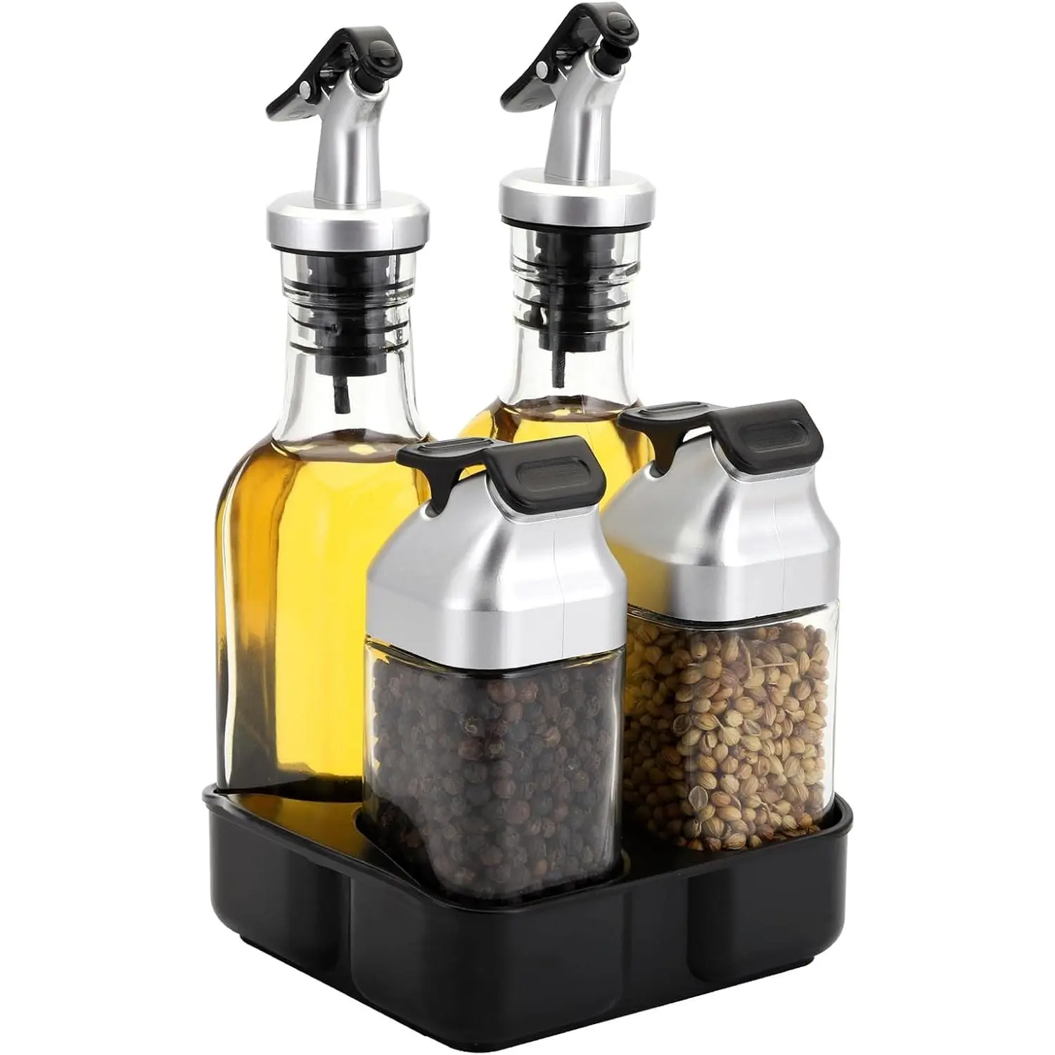 5 PCS Glass Seasoning Set with Caddy Stand & Tray - Oil Vinegar Cruets, Salt Pepper Shakers, Leak-Proof Spout Top, Adjustable Holes - Housewarming & Holiday Gift for Home Kitchen, RV Camp