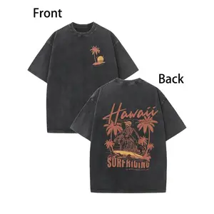 Dual-Sided Washed Vintage-Inspired Cotton T-Shirt with Summer Coconut Tree and Surfboard Print Round Neck Regular Fit Machine Washable Perfect for Casual Wear and Holiday Gifts Menswear Top