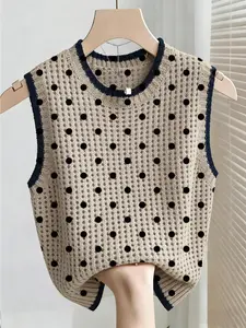 Boho Casual Style Summer Vacation Loose-Fitting Round Neck Sleeveless Hollow Out Colorblock Cardigan, Polka Dot Knit Top for Women