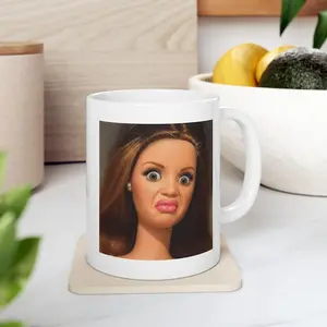 Funny Doll Face Mug, Disgusted Barbie Meme Coffee Cup, Sarcastic Reaction Gift, Weird Humor Tea Cup, Unhinged Meme Mug