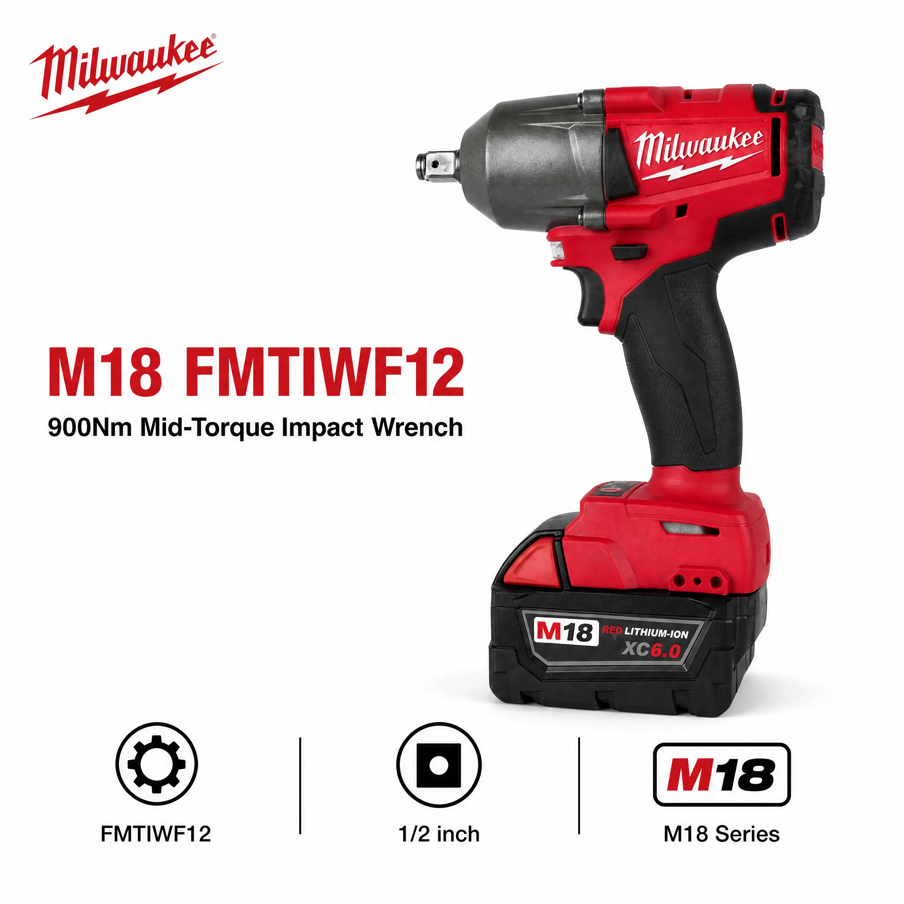 Impact Wrench 1/2" Compatible with Milwaukee M18 18V Battery, FMTIWF12 Mid-Torque Impact Gun, 900Nm Max Breakaway Torque, 3 Adjustable Speed Modes, Available In Only Tool & Charging Kit Cordless Automotive Power Tools mechanic garagerepair