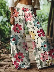 Women's Floral Print Casual Wide Leg Bohemian Long Pants, Comfortable Breathable Elastic Fabric, Ideal for Vacation, Home, Daily Wear, Suitable for Spring, Summer, Fall