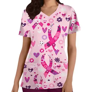 Women's Stretchy V-Neck Nurse Scrub Top with Butterfly Print & Pockets - Breathable Polyester, All-Season Wear