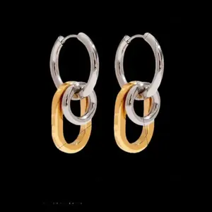 Double Link Hoop Earrings, Gold and Silver Stainless Steel, Waterproof Hypoallergenic Everyday Wear for Women