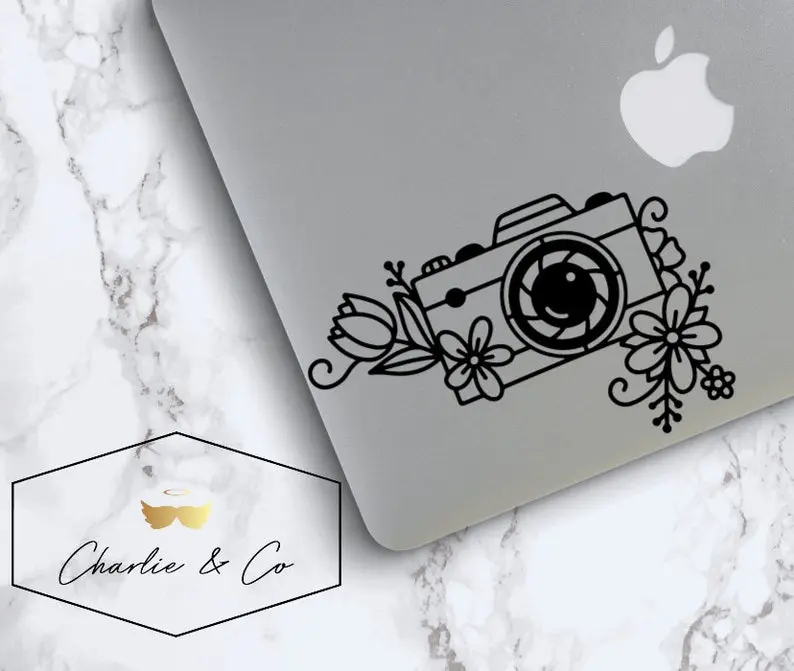 Camera decal, Camera floral sticker for laptops, car or any smooth surface