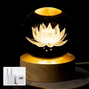 3D Lotus Crystal Ball Night Lamp Warm Light - Compact USB Wall Charger 5V Output 1 for Birthday Christmas Astronomy Space Gifts for Boys Girls