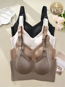 Women's Wireless Push-Up Set, Comfortable Fitted Design, Adjustable Straps, Medium Support, Casual All-Season Underwear, 4 Pack Adjustable Bras, Seamless Bra Set