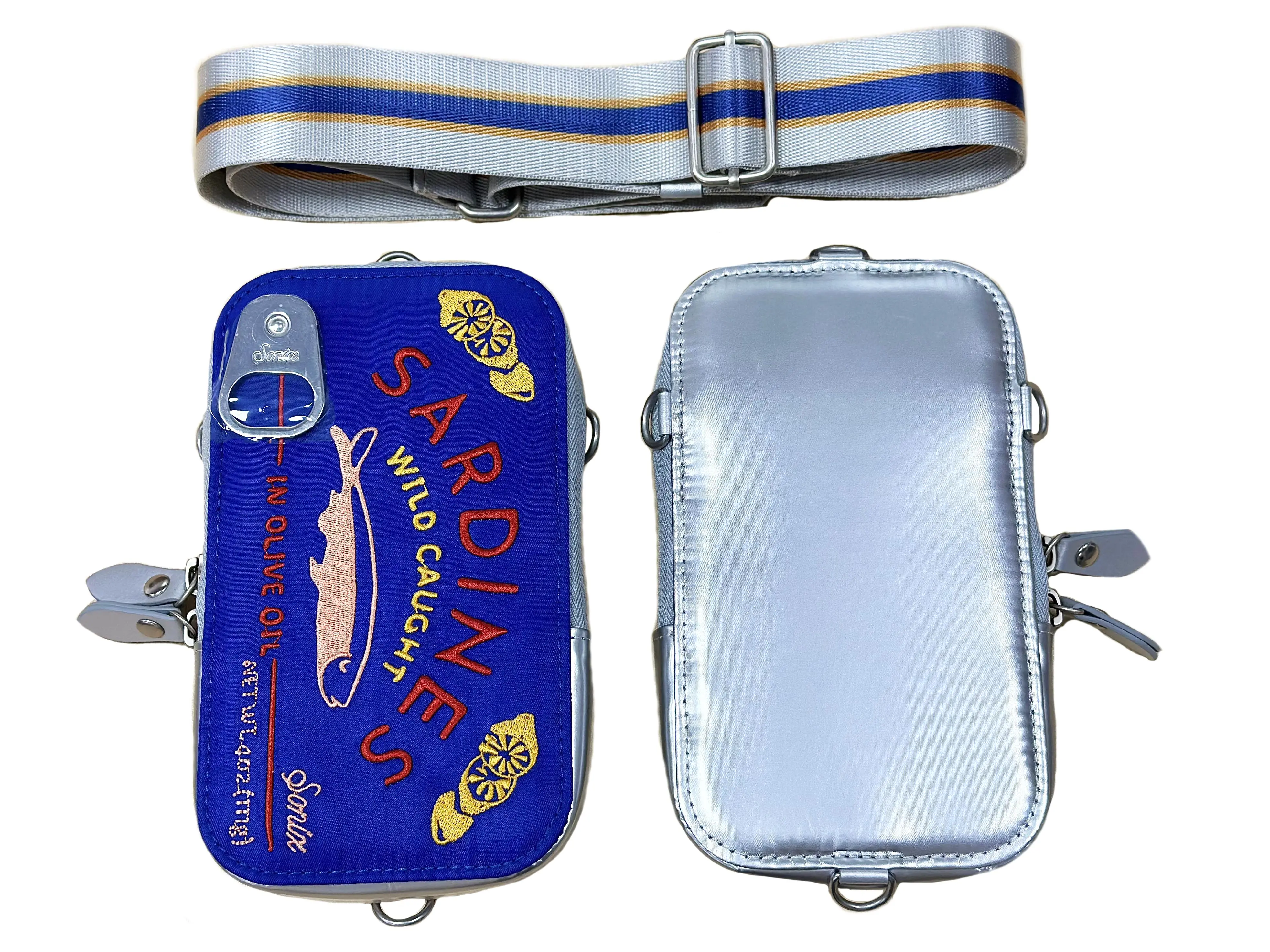 Sardine Crossbody Bag, Playful 3-in-1 Phone Pouch in Embroidered Twill with an Adjustable Striped Strap for Daily Carry, Zipper, Stripes, Multi-Wear, Casual, Pu Leather, Sardine Tin Design