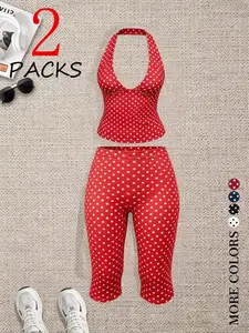 Women's 2 Pack Polka Dot Set, Halter Neck Deep V Crop Top & High Waisted Capri Leggings, Y2K Retro Streetwear for Teens