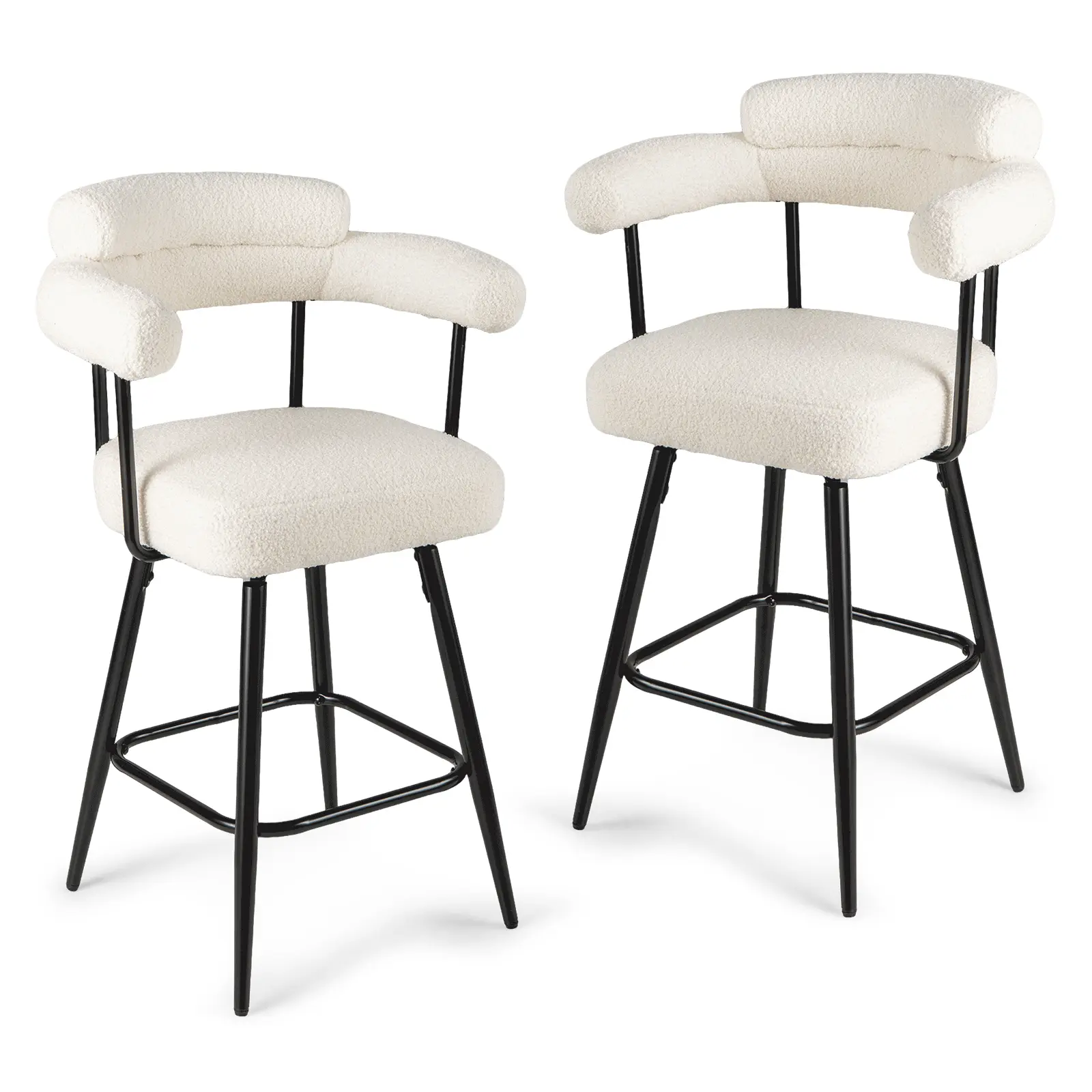 COSTWAY - Swivel Bar Stool Set of 2 Counter Height Chairs with Curved Back and Arms-White