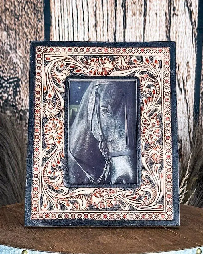 Myra Bag Vintage Tooled Leather 4x6 in Photo Frame, Handcrafted Detail, Western Charm Country Home Decor