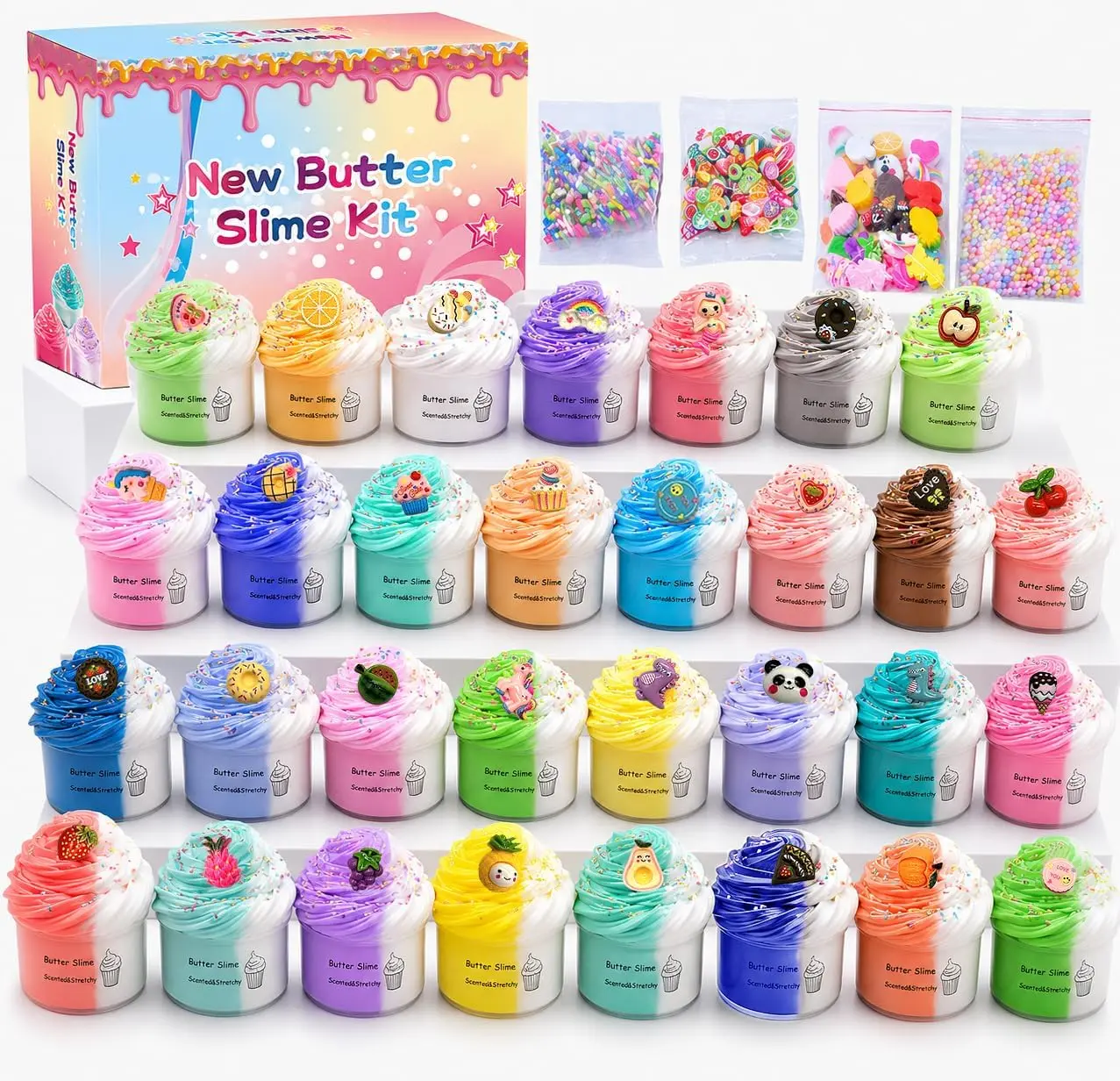 34 Pack Two-Toned Butter Slime, Soft Stretchy Non-Sticky Slime Toys for Kids, Sensory Fidget Toy, Birthday Gifts & Party Favors