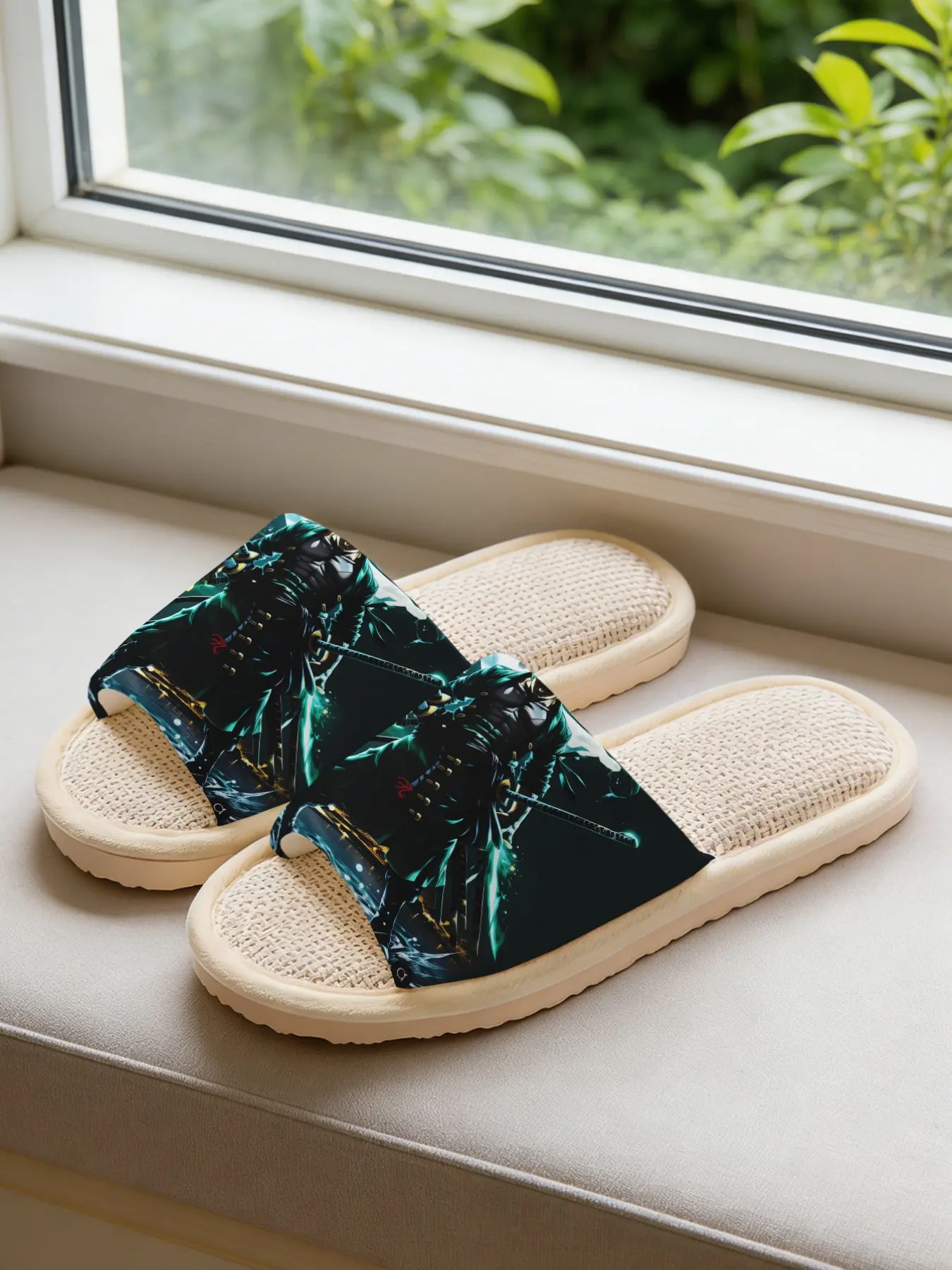 Men's Anime Swordsman Linen Slippers, Breathable Home Shoes, Soft Eva Sole, Non-Slip Quiet, All-Season Casual Footwear