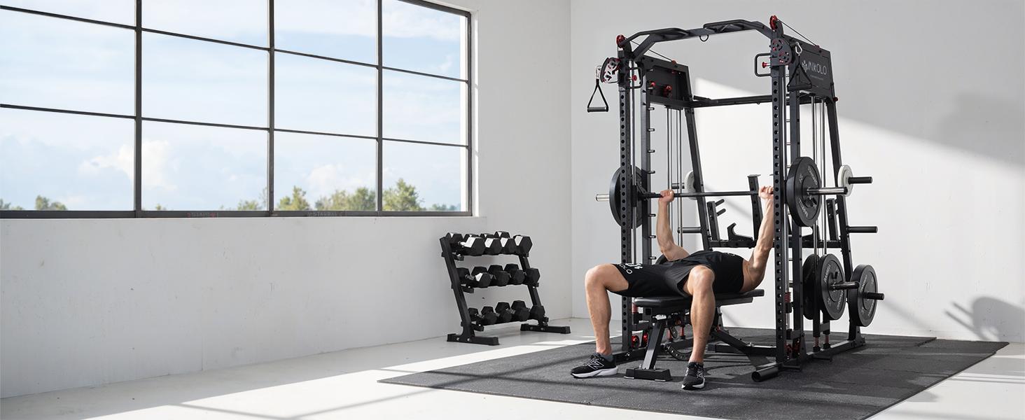 Smith Machine, 2200lbs Squat Rack with LAT-Pull Down System & Cable Crossover Machine, Training Equipment with Leg Hold-Down Attachment