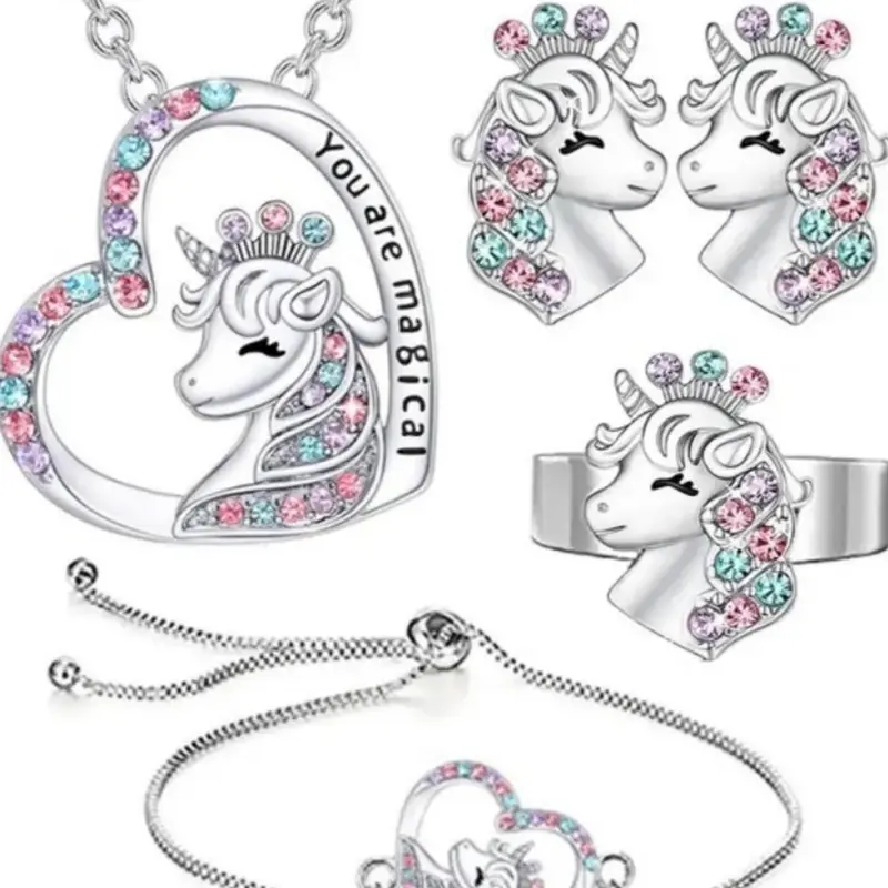 Rhinestone Unicorn & Heart Shaped Jewelry Set, Pendant Necklace Bracelet Earrings Bangle (5counts/set), Fashion Jewelry, Cute Jewelry, Fashionable Jewelry Set, Matching Jewelry Set for Party, Daily, Birthday Gift