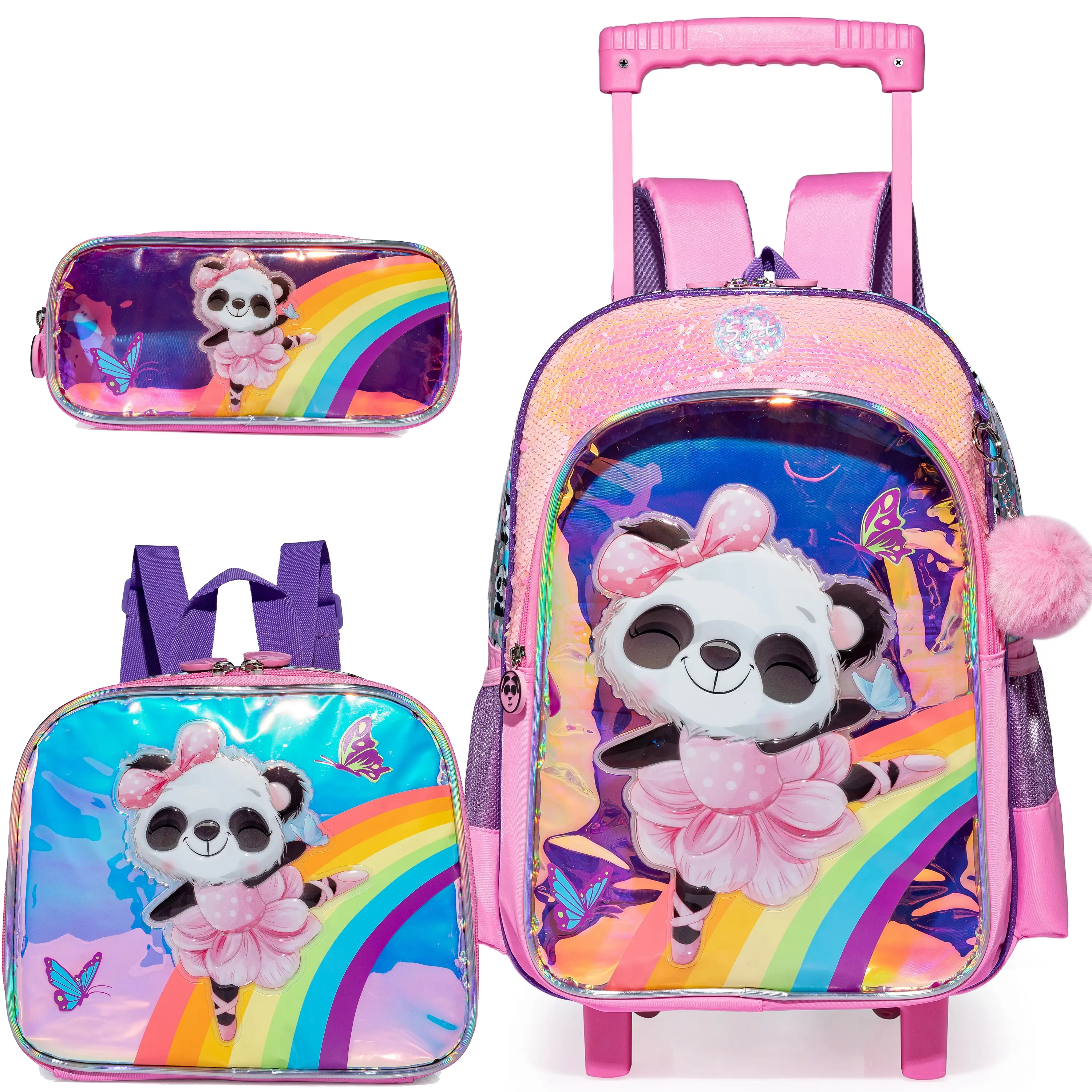 Holographic Panda Rolling Backpack for Girls, 3-Piece Supercolor School Set with Wheels, Lunch Box, and Pencil Case, Cartoon Style Backpacks, Novelty Graphic Backpacks