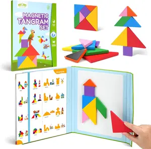 BenBen Travel Tangram Puzzle with Magnetic Wooden Shapes, Extra Large Dual-Sided Magnet Surface, Color Pattern IQ Book, Road Trip Car Plane Game, Educational STEM Travel Toys for Kids Adults