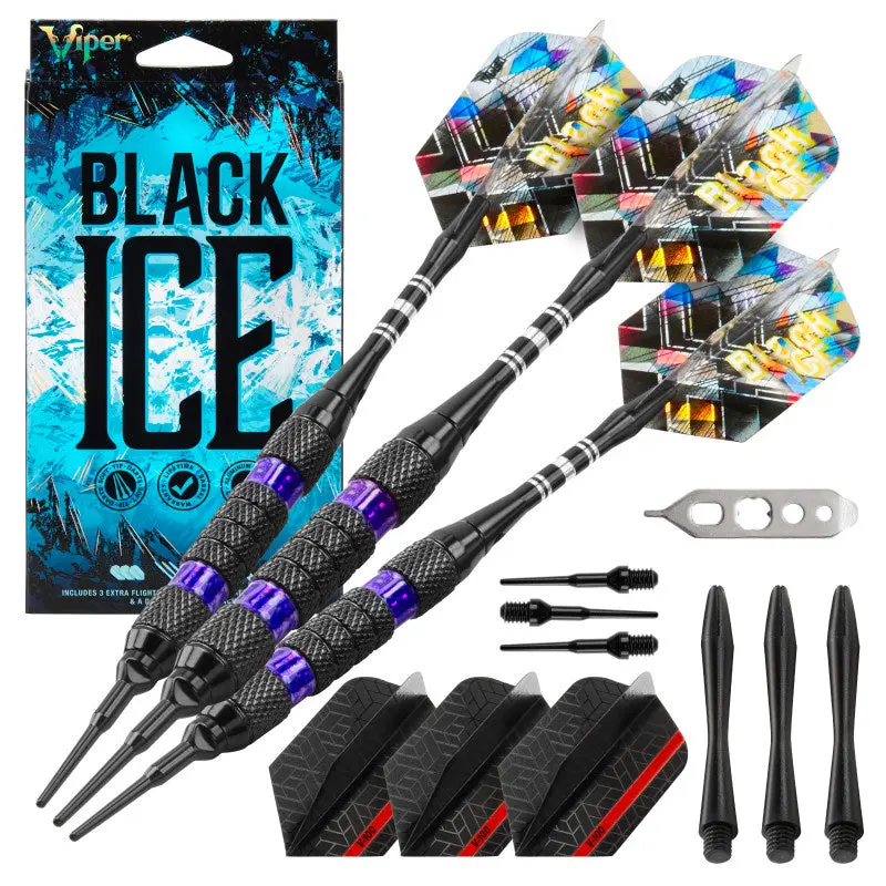 Black Ice Soft Tip Darts with Purple Accents, Knurled Brass Alloy Barrels and Aluminum Shafts with Holographic Flights for Electronic Boards, Bold Colors