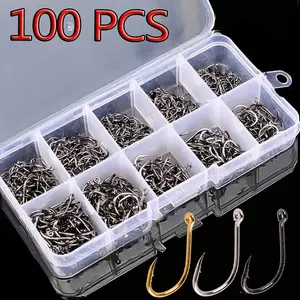 100-Piece Multi-Size Circle High Carbon Steel Barbed Fishing Hooks, Set with Secure Slots for Fly Fishing, Circle Shape