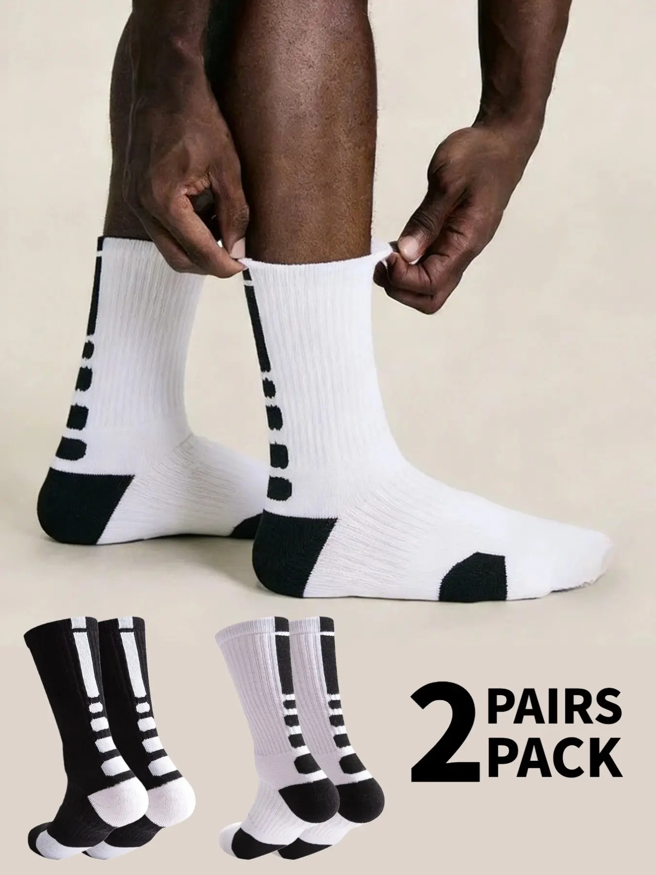 2 Pairs Sock Packs Sport Mid-Calf Athletic Running All Season Socks Striped, Thickened Heel Toe, Shock Absorption, Professional Sports Style, Basketball Practical Use