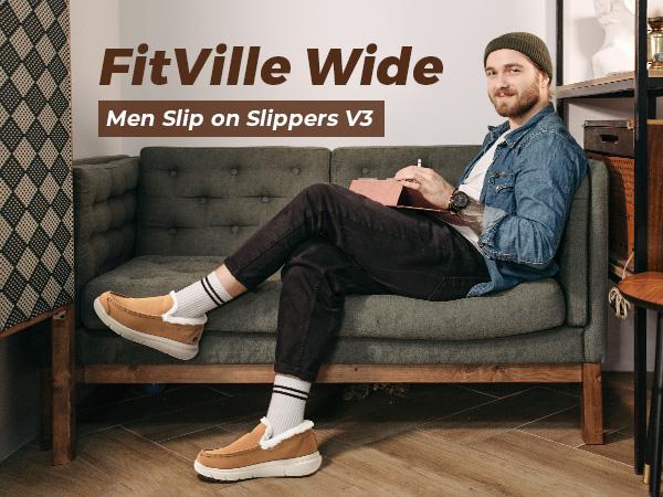 FitVille Extra Wide Men Slippers Slip-on House Slipper Non Slip Orthopedic Winter Shoes for Flat Feet Indoor & Outdoor