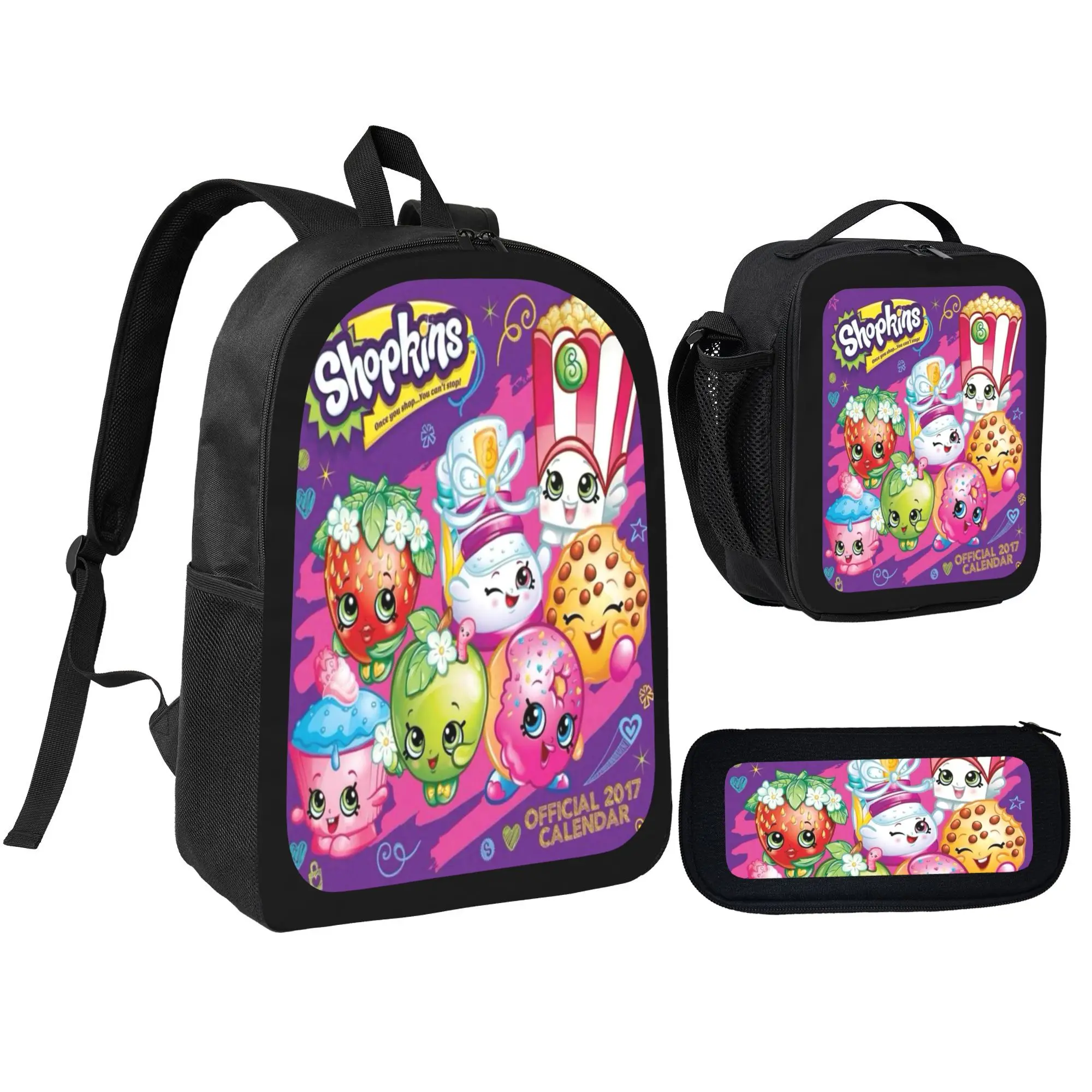 Cute Shopkins 3pcs Girls Backpack Set - Complete with School Backpack, Pouch and Lunch Container - Lightweight Polyester Perfect for Zoo Park Holiday