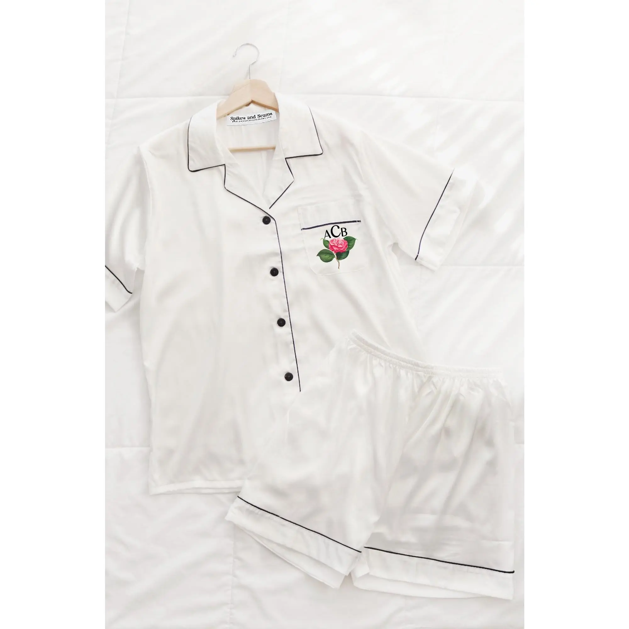 Women's White Rose Print Pajama Set, Soft Polyester Satin Shortsleeve Top and Shorts, Lightweight Breathable Personalized Gift, Loungewear, Custom, Pajamas Sets, Home Outfits, Perfect Gift, Spandex, Nightwear, Short Sleeves, Floral, Cute Pajamas